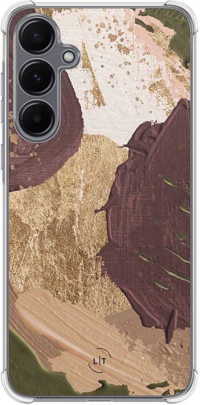 Shockproof hoesje - Geschikt voor Samsung Galaxy A35 - Abstract art - Extra sterke case - TPU/polycarbonaat - Print / Illustratie - Bruin, Transparant