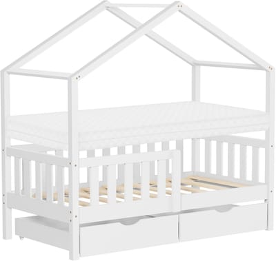 Kinderbed Huisbed 70x140 cm wit gemaakt van dennenhout met matras H:10cm, 2 laden, uitvalbeveiliging & lattenbodem ML-Design
