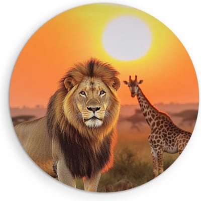 Saammp Muurcirkel Hout - Leeuw met Giraffe - Dieren - Natuur - Ø 90 - Wandcirkel - Wanddecoratie Cirkel - Muurdecoratie Woonkamer - Slaapkamer decoratie - Rond Schilderij