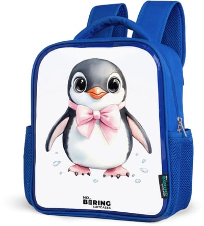 NoBoringSuitcases.com® - Rugzak blauw - Schooltas jongens - Pinguïn met roze strik en ijsdruppels - Kinder rugtas jongen - Boekentas kind - Kinderrugzak voor school - Schoolrugzak