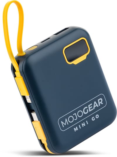 MOJOGEAR MINI GO 10.000 mAh Powerbank met ingebouwde kabels (USB-C en Lightning) - Tot 4 apparaten tegelijk opladen - Broekzakformaat - LED-display - Blauw