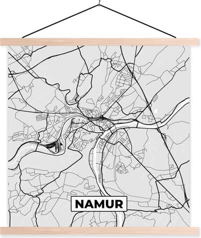 Posterhanger incl. Poster 40x40 cm - Schoolplaat - Stadskaart – Plattegrond – België – Zwart Wit – Namen – Kaart - Textielposter - Blanke latten - Stadskaart