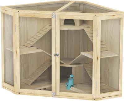 Hamsterkooi - Cavia kooi - Rattenkooi - Huisje - 4 Niveaus - Verwijderbare Lade - Met Voederstation - Zaag - Loopplank - Hutten - Hout - Natuurlijk Hout