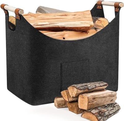 XL Houten Viltmand voor Houtblokken, Opvouwbare Mand met Versterkt Houten Handvat voor Haardhout, Kranten en Boodschappen, 45 x 32 x 40 cm, Donkergrijs, Duurzaam en Stijlvol
