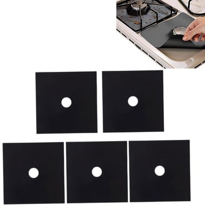 5 stuks Beschermmat voor gasfornuis - herbruikbaar en gemakkelijk schoon te maken - vlekbestendige mat voor keukenfornuis - beschermmat voor aanrecht - 27 cm × 27 cm × 0,1 cm - voor het voorkomen en reinigen van vetvlekken op het fornuis - zwart