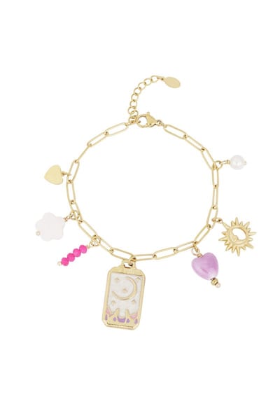 Armband - Bedelarmband - Goud - Roze - Lila - Bedels - Statement armband - Stainless steel sieraden - Trendy - Cadeau