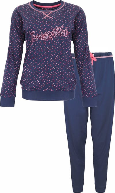 Irresistible Dames Pyjama - Katoen - Roze Stippen - Donker Blauw - Maat L