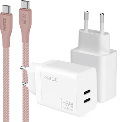 Phreeze usb C snellader 45w met usb C naar usb C kabel roze 1m - Dubbele usb C oplader - Fast charger