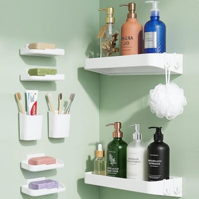 8-Delige Set Kunststof Doucheplank Zonder Boren met 8 Afneembare Haken, Ideaal voor Badkamer, Keuken en Woonkamer, Grote Capaciteit en Ruimtebesparend Design