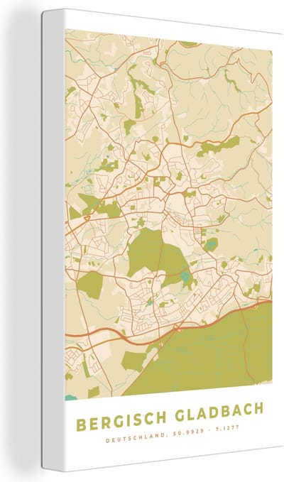 Canvas Schilderij Bergisch Gladbach - Plattegrond - Kaart - Stadskaart - Vintage - 20x30 cm - Wanddecoratie