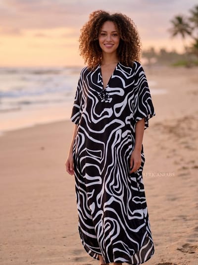 Boho rayon kaftan jurk - Zwart Wit Tribal Waves - Strand Cover Up Caftan Maxi Jurk