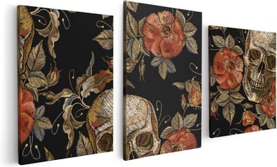 Artaza Canvas Schilderij Drieluik Doodshoofden met Bloemen - Schedels - 120x60 - Foto Op Canvas - Canvas Print