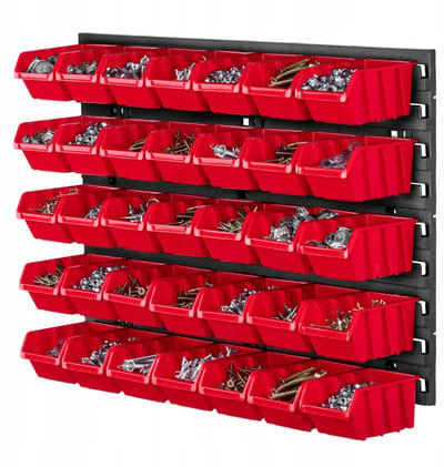 KADAX Werkplaatsrek, 58 x 39 cm, gereedschapswandrek van robuust kunststof, uv-bestendig opslagsysteem, uitbreidbare wandplaten, werkplaatswandrek voor garage (rood, 35-delig)