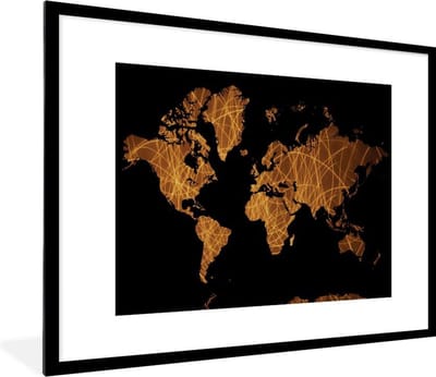 Poster in lijst - Fotolijst 80x60 cm - Posters - Wereldkaart - Abstract - Bruin - Posterlijst zwart - Decoratie - Wanddecoratie woonkamer - Muurdecoratie slaapkamer