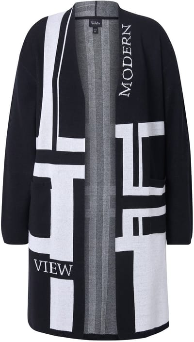 Ulla Popken - Dames - Lang vest jacquard-breisel V-hals lange mouwen - Zwart - Maat 46+