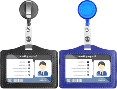ID Badge Houder Set van 2 - Draagbare Plastic Naam Tag Houder met Uittrekbare Reel voor School en Werk - Zwart en Donkerblauw