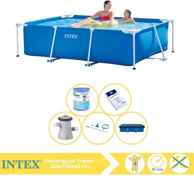 Intex Rechthoekig Frame Zwembad - 220 x 150 x 60 cm - Blauw - Inclusief Afdekzeil - Zwembadfilterpomp - Filter - Schoonmaakset - Zoutwatersysteem - Zwembadzout - 7-delig
