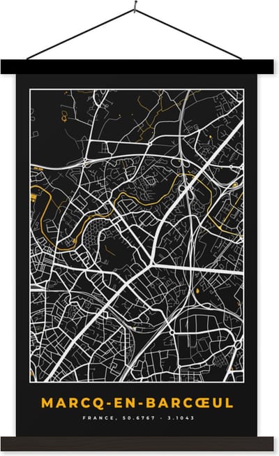 Posterhanger incl. Poster 40x60 cm - Schoolplaat - Plattegrond - Kaart - Marcq-en-Barœul - Frankrijk - Stadskaart - Textielposter - Zwarte latten - Stadskaart