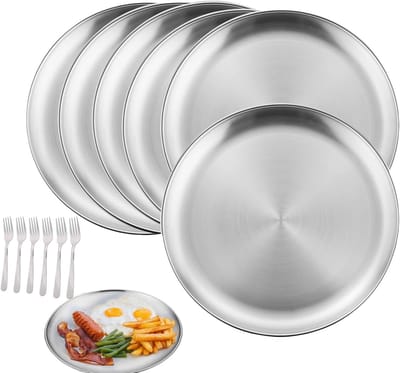 Set van 6 RVS Borden van 20 cm met 6 Grillvorken - Duurzaam Campingservies voor Tuinfeesten en Buitenactiviteiten
