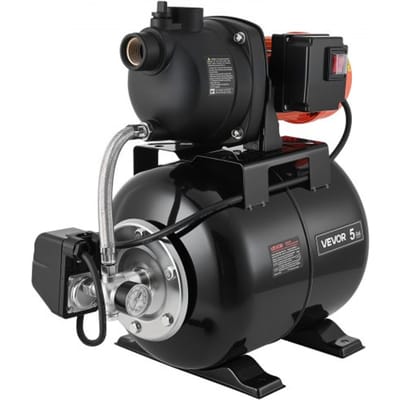 VEVOR Huishoudelijk Waterleidingsysteem 800 W, 5000 l/u Jetpomp met 19 l drukvat, 49 m opvoerhoogte, incl. automatisch watertoevoersysteem en kunststof pompkop, voor tuinirrigatie en huishoudelijk watergebruik.