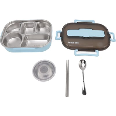 Lunchbox RVS Thermische Lunchbox met Soepkom Eetstokjes Lepel voor Volwassenen Kinderen Blue gray