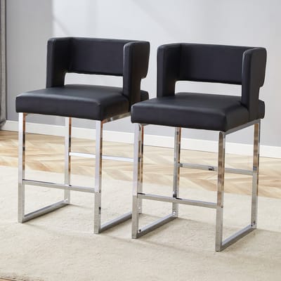 REDOM - Barkruk - Gestoffeerde Vierkante Zitting - Scandinavisch Ontwerp - Metaal En PU-Leer - Zwart En Zilver - 91,4 Cm