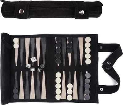 REN® Backgammon Koffer – Luxe Backgammon Set – Lederen Bordspel – Zwart - 26cm x 6cm x 6cm