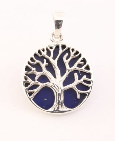Fijne ronde zilveren hanger met levensboom op lapis lazuli