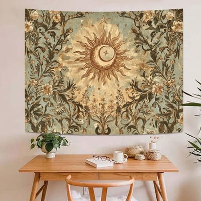 1 Stuk Vintage Zon Maan Bloemen Wandkleed, Hemels Wandkleed, Coole Kamer Spullen, Groot Formaat, Polyester 2D Print, Slaapkamer Spullen, Wi 40X60cm