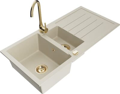 Mexen Andres granieten spoelbak 1,5-komorige met afdruiprek en keukenkraan Telma, beige - 6515-69-670200-50