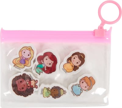 Disney - 6 gummen - Princess - prinsessen - Belle, Ariel, Assepoester, Tiana, Rapunzel - transparant tasje etui met rits - 6x gum - roze