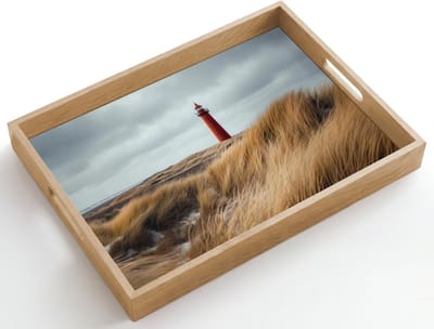 Dienblad hout 50x35 cm - Schootdienblad - Duinen - Vuurtoren - Rood - Lucht - Borrelplank rechthoek - Plateau dienbladen