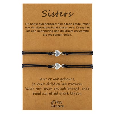 Vriendschapsarmbandjes voor 2 "Sisters" - Kleine Hartjes - BFF Armbandjes met Cadeau Kaartje - Zilverkleurig & Zwart - Elastisch Verstelbaar - Pax Amare