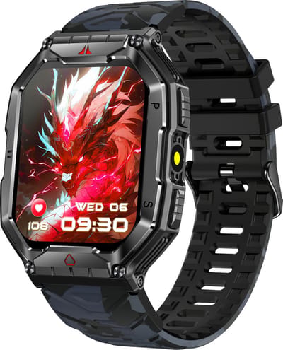 Knobbout 2.1” Scherm (3.4*4.2cm) Groot Outdoor Smartwatch – Barometer, LED-Zaklamp- Bluetooth Bellen- Kompas & Hoogtemeter- AI spraakassistent -Hartslag & SpO₂ - 650mAh Batterij - 1ATM Waterdicht - Zwarte camouflage siliconen horlogeband