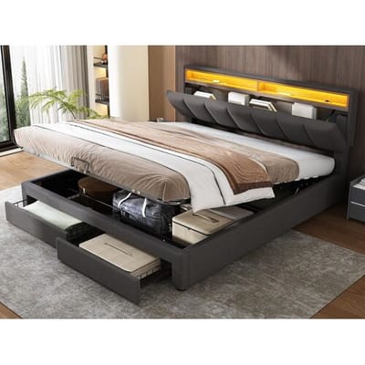 ModernLuxe Gestoffeerd opbergbed 180x200cm in linnen met lade en LED - opberghoofdeinde - lattenbodem - Grijs
