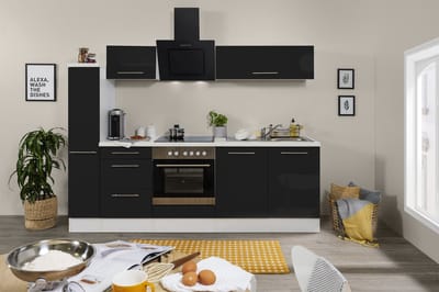 Goedkope keuken 240  cm - complete keuken met apparatuur Amanda  - Wit/Zwart - soft close - keramische kookplaat    - afzuigkap - oven    - spoelbak