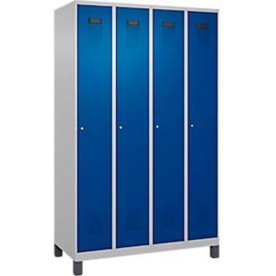 C+P Evolo Plus garderobekast, 4 vakken, 300 mm vakbreedte, met voetjes, rechts scharnierend, cilinderslot, soft-close, inbraakwerend, B 1200 x D 500 x H 1950 mm, alu wit RAL 9006/genziana blauw RAL 5010