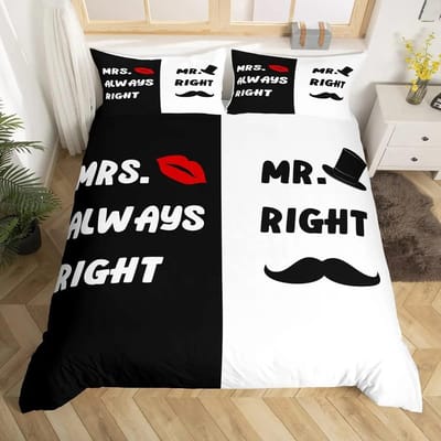 Meneer Mevrouw Dekbedovertrek Set Grappig Zwart Rood Creatief Eenpersoons Beddengoed Set Microfiber Liefde Man Snor Vrouw Lip Romantiek Dekbedovertrek 70x133cm 2pcs