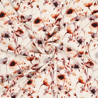 Viscose Linnen Stof met Print – Digi Natural Lin Lisa Rode Bloemen – 70% Viscose 30% Linnen – 140 cm Breed – 195 g/m² – Zomerse Stof per Meter