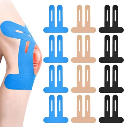 Voorgesneden kinesiotape (knie), verpakking van 12 stuks, sportkinesiotape voor de knie, waterdichte elastische therapeutische tape, biedt spierondersteuning en stabiliteit - 4 kleuren