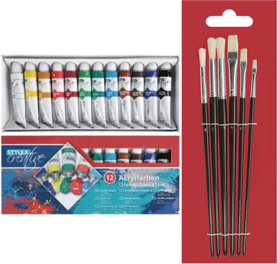 Toppoint set van 12 tubes acrylverf - voor kinderen - met 6 schilder penselen - Schilderen set compleet