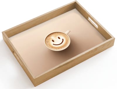 Dienblad hout 40x30 cm - Schootdienblad - Koffie - Melkschuim - Lach - Beige - Borrelplank rechthoek - Plateau dienbladen