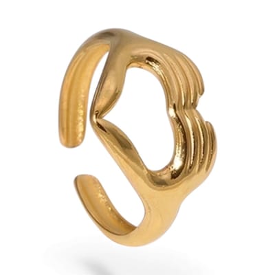 Aramat Jewels | Ringen | Open Ring RVS Hart met Handen Symbool (14 mm Breed) | Goudkleur | |14mm | Staal | Volwassenen | Verkleurd niet