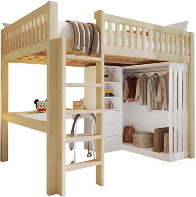 REDOM Hoogslaper – Met bureau & kledingkast – 3 lades & open opbergruimte – Met trap & veiligheidshek – Grenen – Naturel – 140 x 200 cm