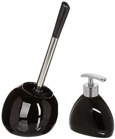 5Five WC-/ toiletborstel in houder - zwart - keramiek en rvs - Zeeppompje 300 ml - badkamer accessoires