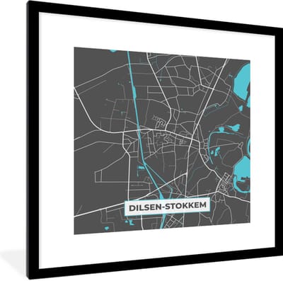 Fotolijst incl. Poster - België – Dilsen Stokkem – Stadskaart – Kaart – Blauw – Plattegrond - 40x40 cm - Posterlijst
