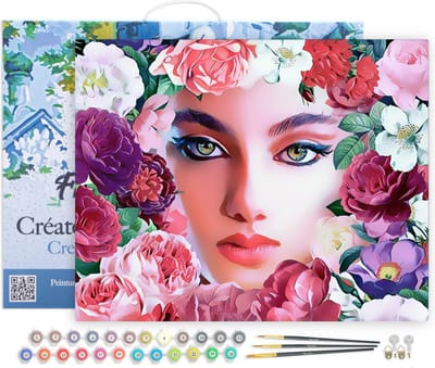 Figured'Art Schilderen op Nummer Volwassenen met lijst - Gezicht en Bloemen - Handwerk acrylverf Kit DIY Compleet - 40x50cm Canvas al ingelijst