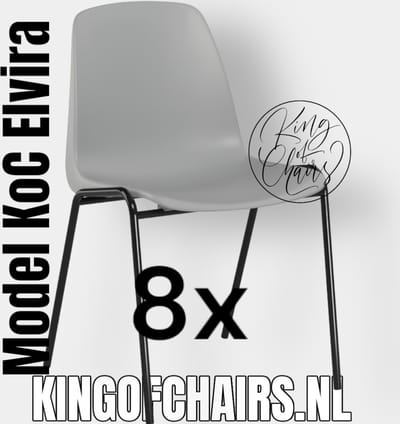 King of Chairs -set van 8- model KoC Elvira lichtgrijs met zwart onderstel. Kantinestoel stapelstoel kuipstoel vergaderstoel tuinstoel kantine stoel stapel kantinestoelen stapelstoelen kuipstoelen stapelbare keukenstoel Helene eetkamerstoel
