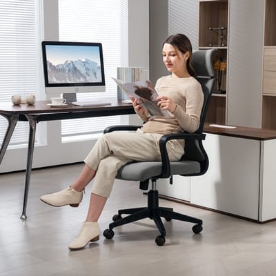 MODFU Bureaustoel - Ergonomisch - Hoge Rugleuning En Kantelfunctie - Voor Werkplek - Polyester - Donkergrijs - 60,5 x 69 x 109-117 cm