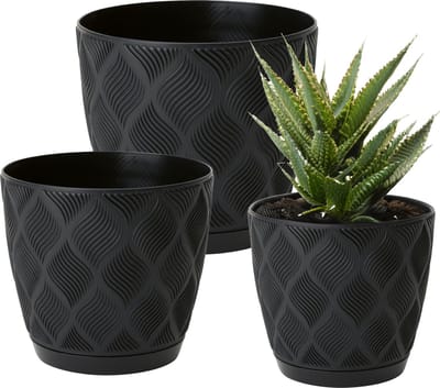 Form Plastic Plantenpot set New Age - 3x stuks - kunststof - zwart - met schotel